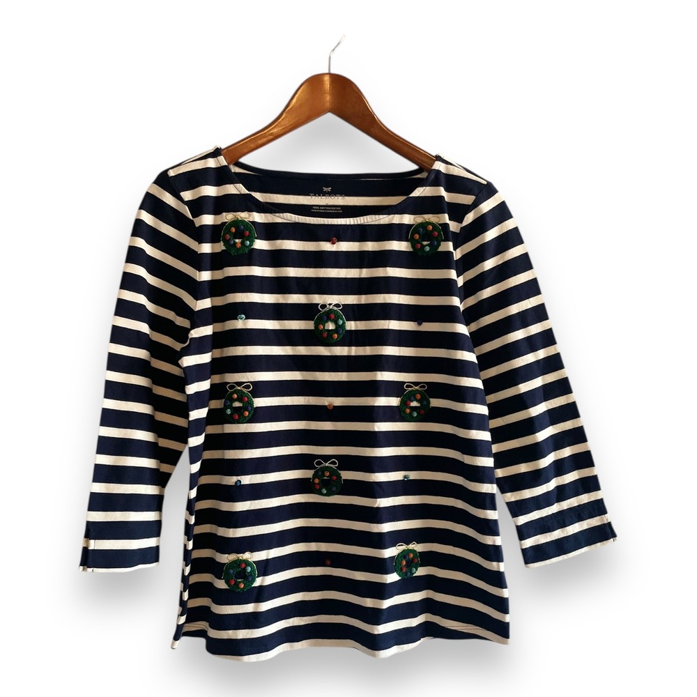 Talbots Womens Navy White Striped Christmas Wreath Pom Pom Cotton Top Size M NWT